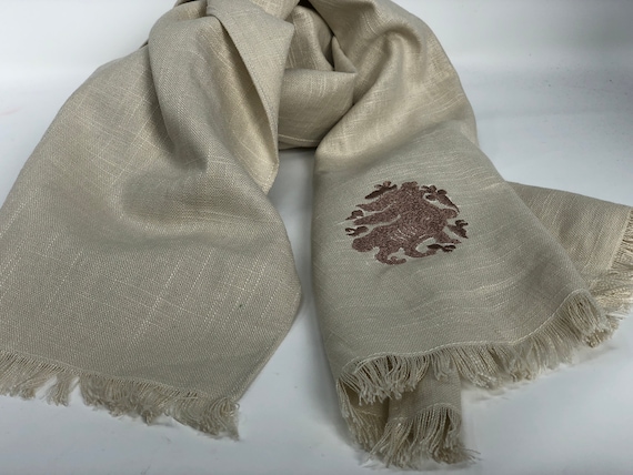 The Arabesque's Fine Linen Bunny Scarf. All-Year Stylish Handmade Scarf With Embroidered Medieval Arabesque Hare