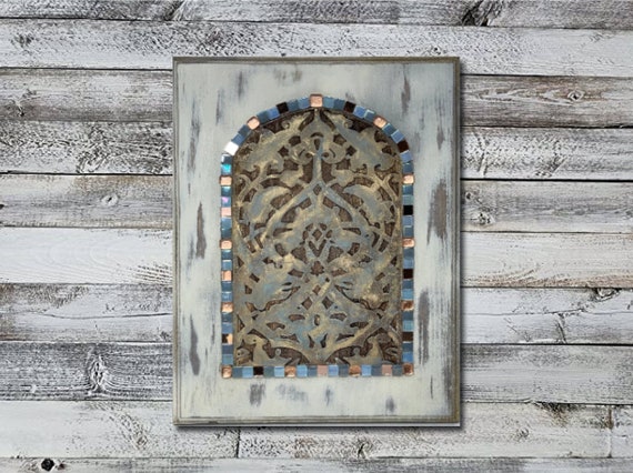 The Arabesque® 11 x 14 inch Wooden Wall Art - al-Anwar Mosque Hand-painted and Laser-etched Rustic Arabesque Window Pattern Engraving