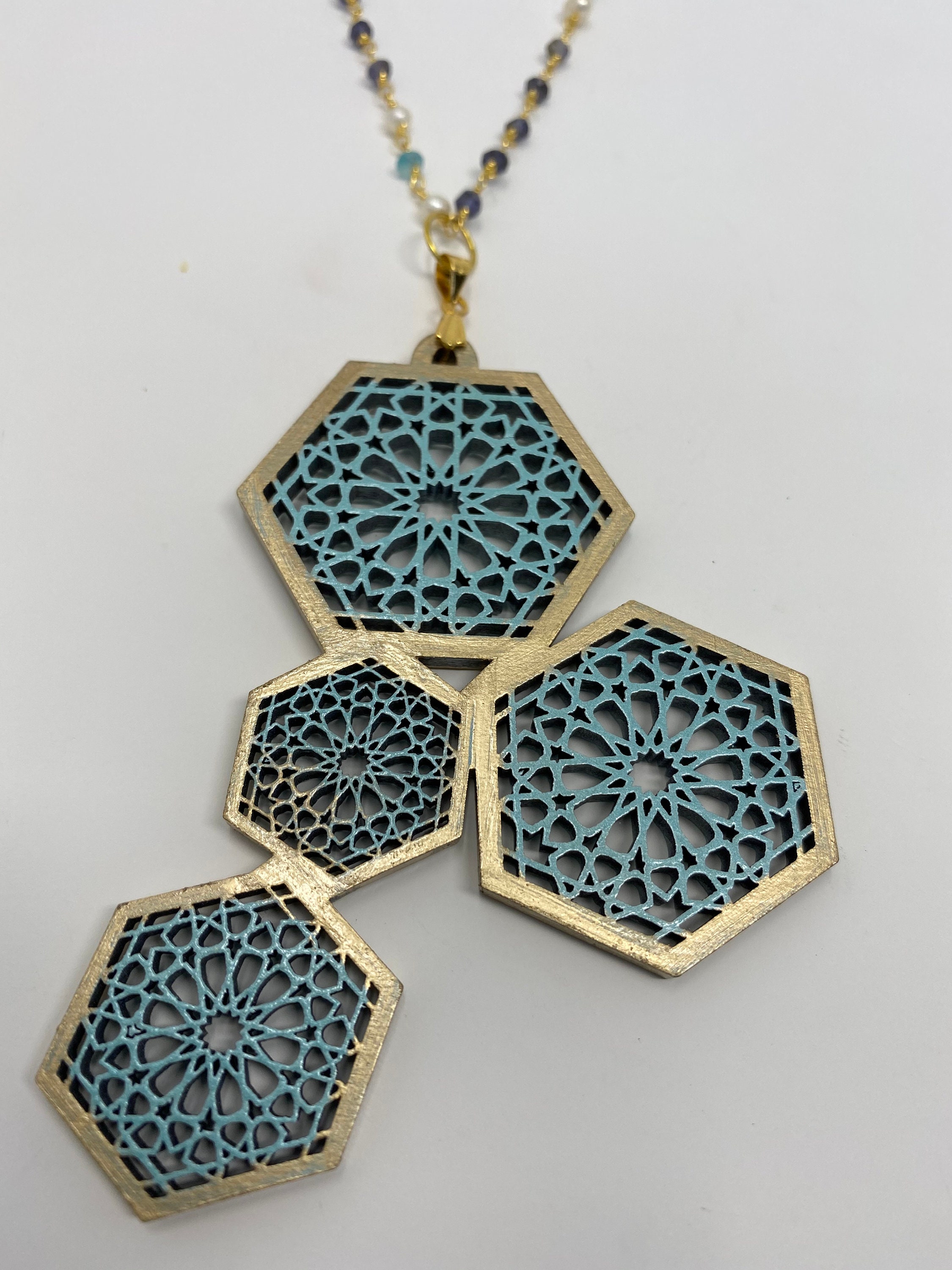 The Arabesque® Medieval Geometric Pattern Wooden Teardrop Pendant with ...