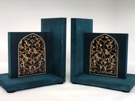 Bookends; Arabesque design; historical design; old window design;  blue; woodburning; old world office decor; history teacher professor gift