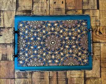 The Arabesque® Decorative Wooden Tray With Medieval Islamic Geometric Engraved Arabesque Pattern, Home Decor Coffee Table Tray, Ottoman Tray
