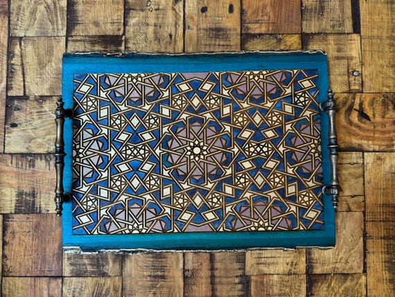 The Arabesque® Decorative Wooden Tray With Medieval Islamic Geometric Engraved Arabesque Pattern, Home Decor Coffee Table Tray, Ottoman Tray