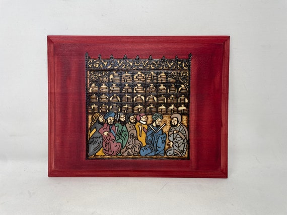 Hariri's Maqamat Medieval Library Scene Woodburned and Handcrafted by The Arabesque; Wall hanging; Islamic art; Medieval miniature