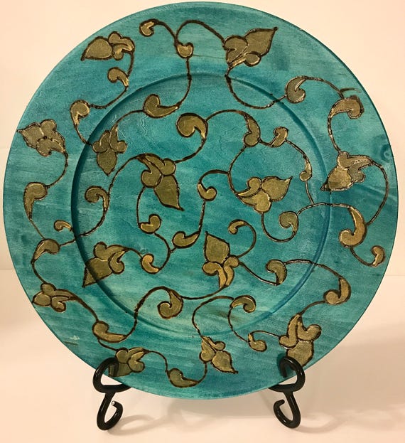 A Mid Summer Nights Dream Collection Wooden Home Decor Plate by The Arabesque. Woodburned Vine and Scroll Design In Turquoise and Gold