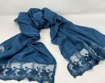 The Arabesque® Midnight Blue Metallic Accented Handmade Scarf With Beautiful Lace Trim - Day and Evening Wear Accessory