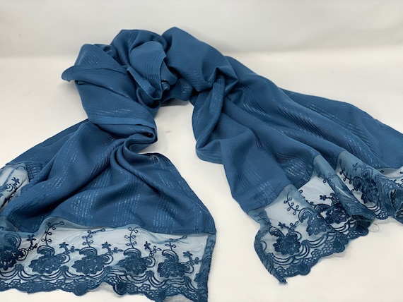 The Arabesque® Midnight Blue Metallic Accented Handmade Scarf With Beautiful Lace Trim - Day and Evening Wear Accessory