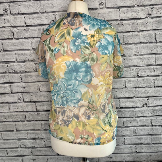 Vintage Blue Yellow Floral Sheer Pussybow Blouse … - image 9