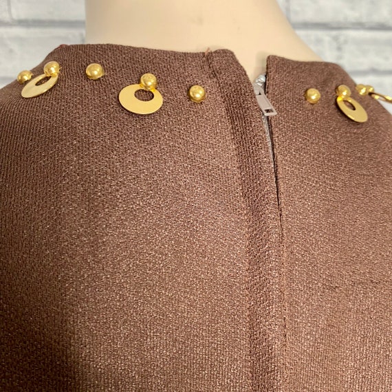 Vintage 60’s Brown Dress Gold Embellished Size 10 - image 3