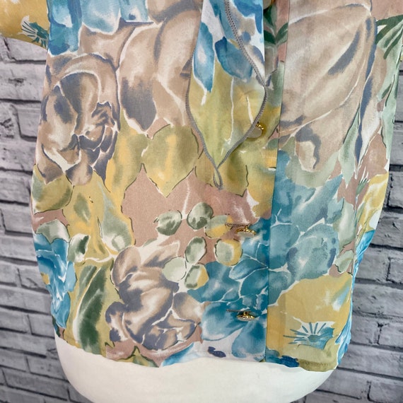 Vintage Blue Yellow Floral Sheer Pussybow Blouse … - image 5