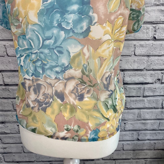 Vintage Blue Yellow Floral Sheer Pussybow Blouse … - image 3
