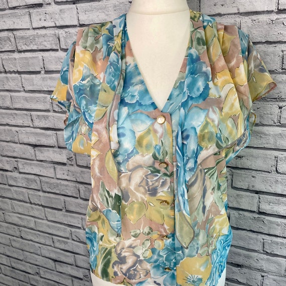 Vintage Blue Yellow Floral Sheer Pussybow Blouse … - image 10