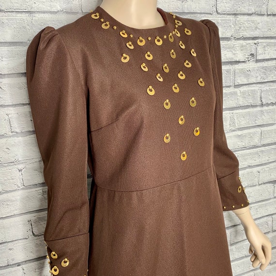 Vintage 60’s Brown Dress Gold Embellished Size 10 - image 9