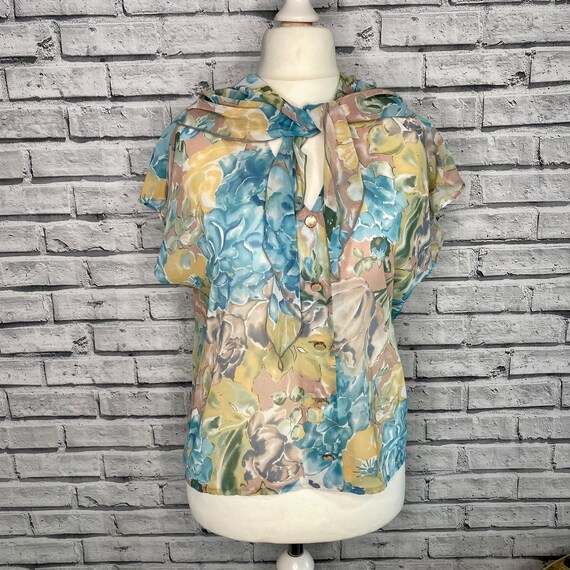 Vintage Blue Yellow Floral Sheer Pussybow Blouse … - image 2