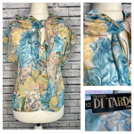 Vintage Blue Yellow Floral Sheer Pussybow Blouse … - image 1