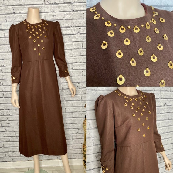 Vintage 60’s Brown Dress Gold Embellished Size 10 - image 1