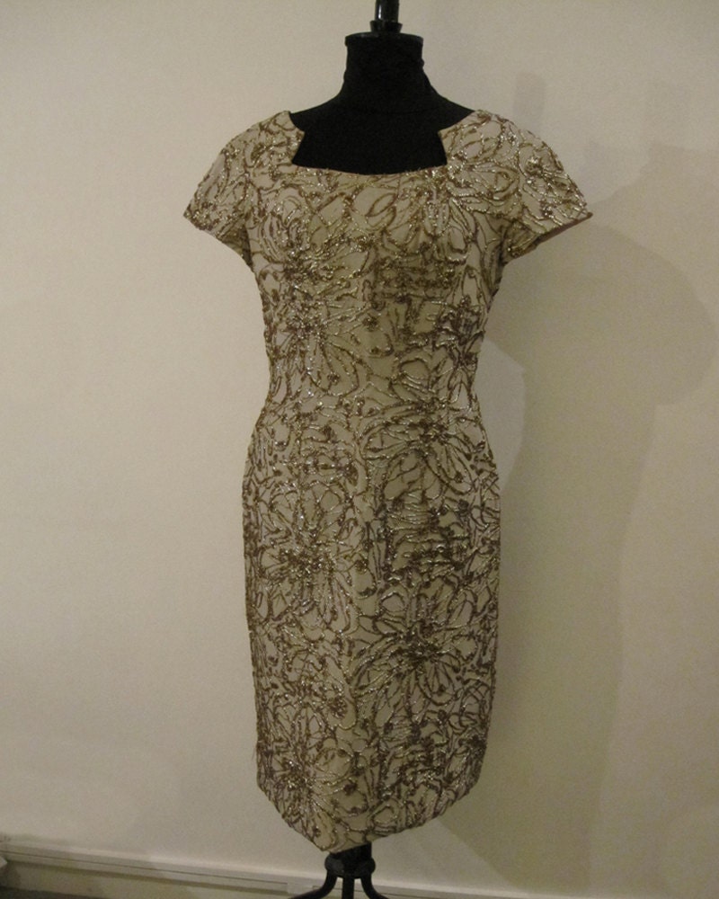 1950s Gold Brocade on Taupe Cocktail Dress Etsy