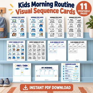 Kids Morning Routine Visual Sequence Cards, printable first then board and five-step schedule, Letter A4 PDF