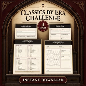 May include: A four-page Classics by Era Challenge reading tracker set. The pages feature checklists for books before 1850, 1850-1899, 1900-1939, and 1940 and later, plus a 36-book tracker, reading progress log, review section, and challenge recap.