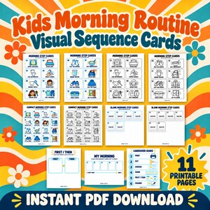 Kids Morning Routine Visual Sequence Cards, printable first then board and five-step schedule, Letter A4 PDF