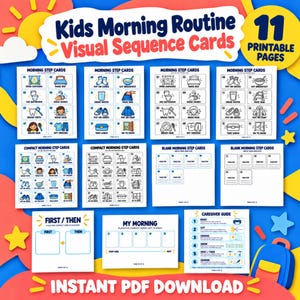 Kids Morning Routine Visual Sequence Cards, printable first then board and five-step schedule, Letter A4 PDF
