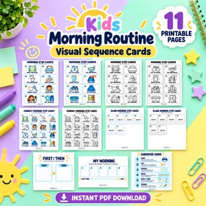 Kids Morning Routine Visual Sequence Cards, printable first then board and five-step schedule, Letter A4 PDF