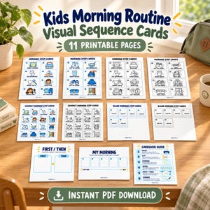 Kids Morning Routine Visual Sequence Cards, printable first then board and five-step schedule, Letter A4 PDF
