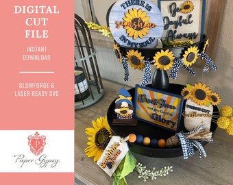 Sunshine & Jesus, Sunflower Tiered Tray Set, Glowforge Laser ready SVG Cut File / Descarga digital