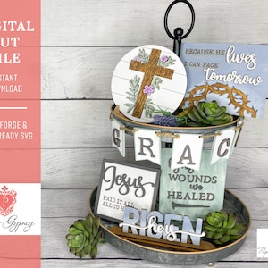 Él es Risen Farmhouse Easter Tiered Tray File, Glowforge Laser ready SVG Cut File, Descarga digital, PaperGypsyCreative