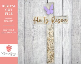 Archivo SVG para colgar en la puerta con la cruz "Él ha resucitado": Diseño cortado con láser (descarga digital)