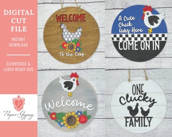 Letrero de bienvenida de pollo SVG: Archivos cortados con láser, 4 diseños (descarga digital)
