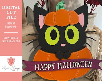 Black Cat Halloween Sign Door Hanger, Glowforge Laser ready SVG Cut File | Digital Download