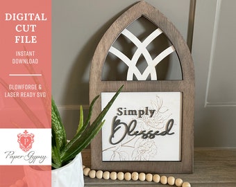 Letrero para ventana de catedral "Simplemente Bendecido": Glowforge Laser SVG (descarga digital)