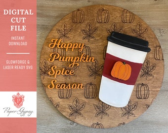 Pumpkin Spice Scored Sign Door Hanger, Glowforge Laser ready SVG Cut File | Digital Download