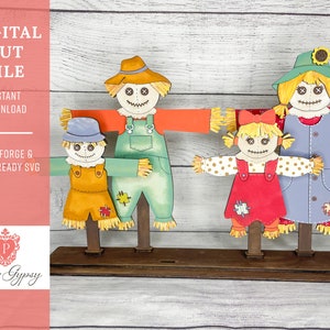May include: A set of four scarecrow figures, two adults and two children, standing on a wooden base. The scarecrows are dressed in overalls, dresses, and hats. They have painted faces with cross-stitched eyes and mouths. The scarecrows are made of wood and fabric.