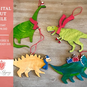 Dinosaur Christmas Ornaments, Glowforge Laser ready SVG Cut File | Digital Download