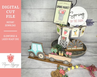 Archivo SVG cortado por láser de bandeja escalonada Spring Farm: Diseño de tractor (descarga digital)