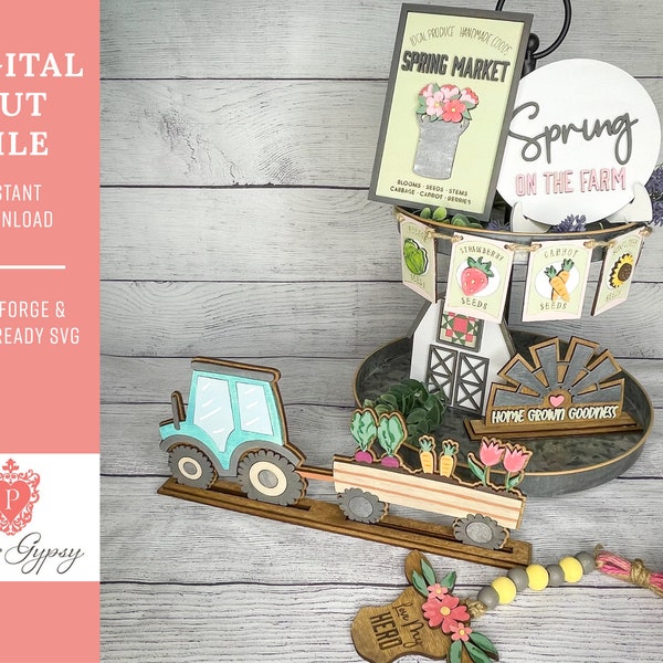 Spring On The Farm Tiered Tray File with Tractor, Glowforge Laser ready SVG Cut File | Digital Download, PaperGypsyCreative
