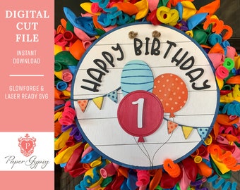 Colgante de puerta de feliz cumpleaños SVG: archivo cortado con láser Glowforge (descarga digital)