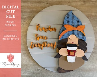 Gnome Girl Pumpkin Spice Sign Door Hanger: Laser Cut SVG (Digital Download)