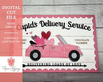 Archivo SVG de letrero de coche de reparto de Cupido: corte láser Glowforge (descarga digital)
