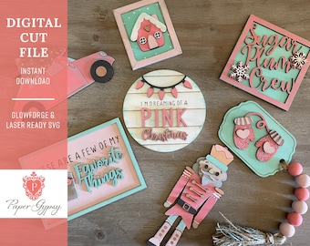 Juego de bandejas escalonadas de Navidad rosa, Glowforge Laser ready SVG Cut File / Descarga digital