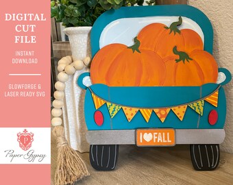 Fall Farm Truck Pumpkin Door Hanger, Glowforge Laser ready SVG Cut File | Digital Download