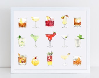 Cocktail Collection Round Two Art Print - Cocktail Watercolor Art - Bar Cart Art - Bar Art - Old Fashioned  - Whiskey Sour - Bar Cart Art