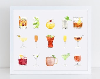 Cocktail Art Print - Cocktail Watercolor Art - Bar Cart Art - Bar Art - Old Fashioned - Bloody Mary - Whiskey Sour - Manhattan Drink