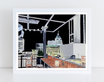 Fort Wayne Skyline - Birdie's Fort Wayne - Indiana Skyline - Fine Art Print - The Bradley Hotel