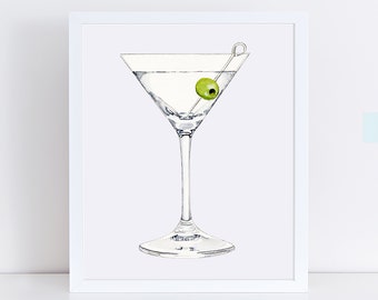 Martini with Olive Cocktail Art Print - Cocktail Wall Art - Home Bar Art Print -  Martini with Olive Design Art