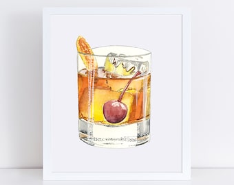 Old Fashioned with Cherry Cocktail Art Print - Cocktail Wall Art - Home Bar Art Print - Old Fashioned with Cherry Design Art