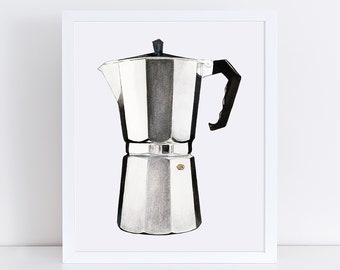 Impresión artística de acuarela de cafetera italiana - Arte mural de café - Impresión artística de cafetería para el hogar - Impresión de pintura de cafetera italiana - Arte de diseño
