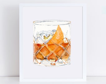 Old Fashioned with Orange Peel Cocktail Art Print - Cocktail Wall Art - Home Bar Art Print - Old Fashioned with Orange Peel Design Art