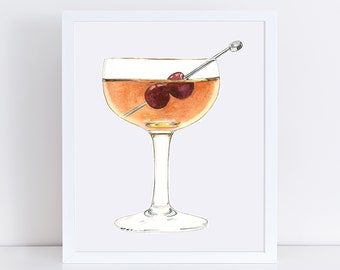 Manhattan Cocktail Art Print - Cocktail Wall Art - Home Bar Art Print -  Manhattan Bourbon Design Art